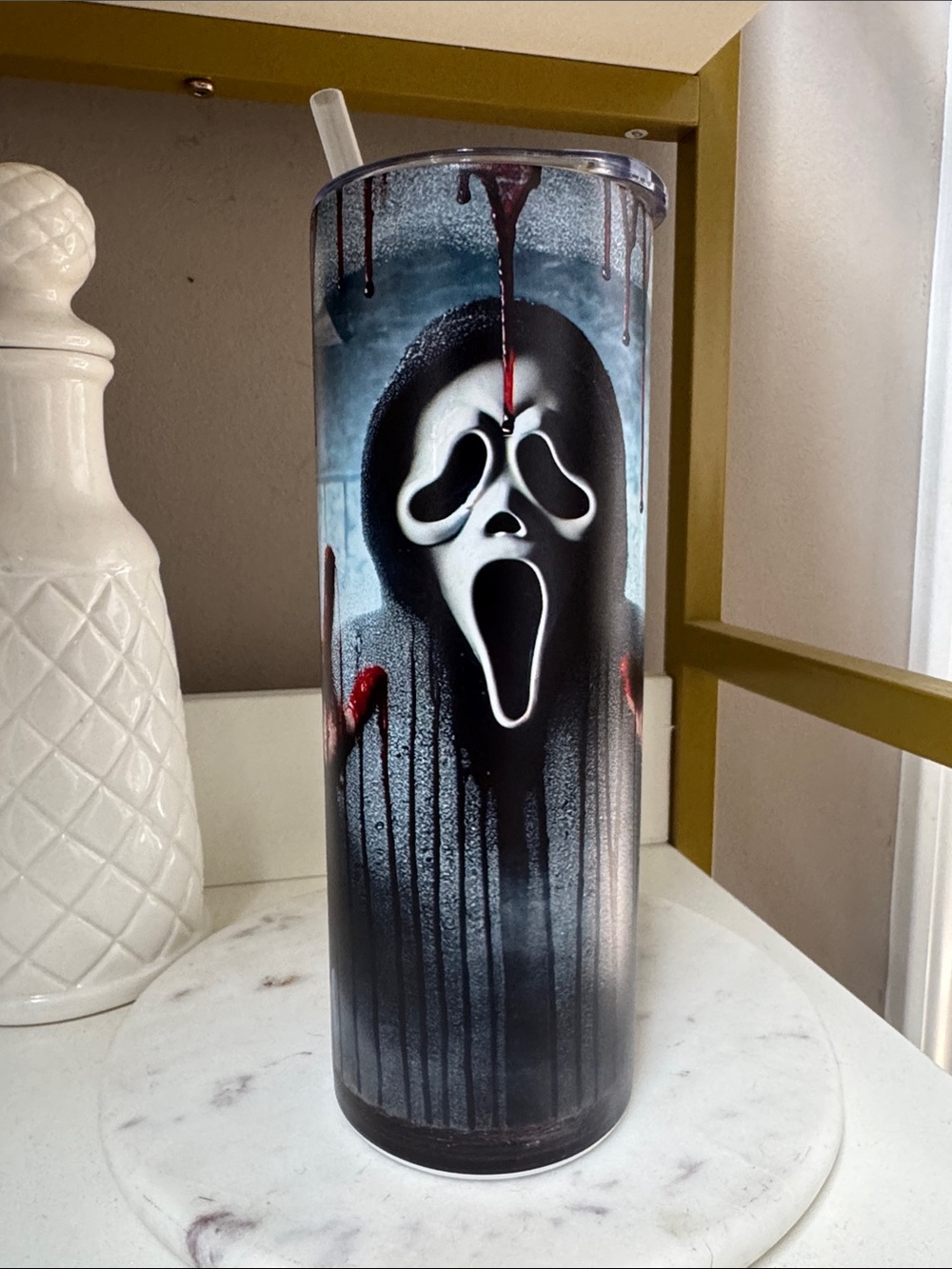 Scream Mask Tall Tumbler - Spooky Black & White Design